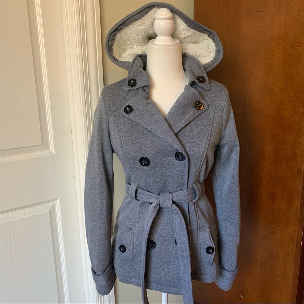 Gray Pea Coat with hood  - double breasted